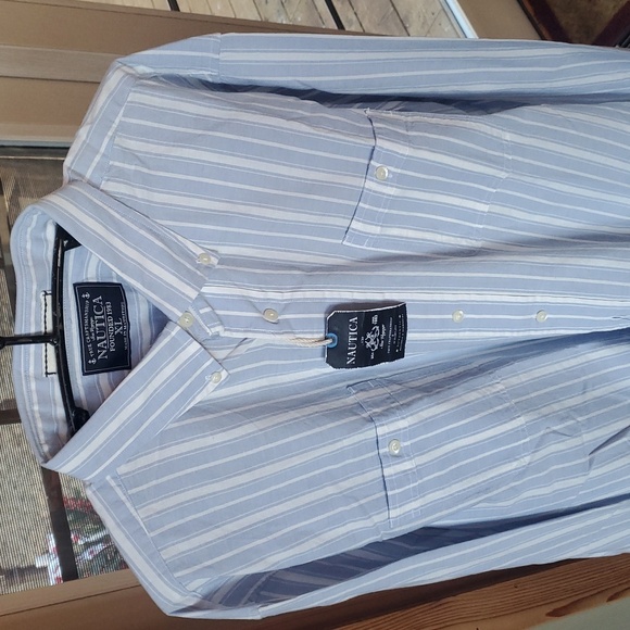 Nautica Twilt Mist Classic Fit Blue White Striped Casual Button Sz. XL Shirt NWT - Picture 5 of 14